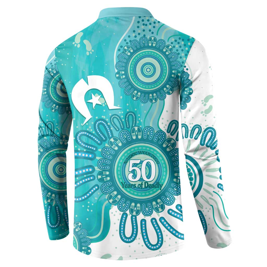 NAIDOC Week 2026 Button Sweatshirt 50 Years Deadly Dhari Cyan Aboriginal Art
