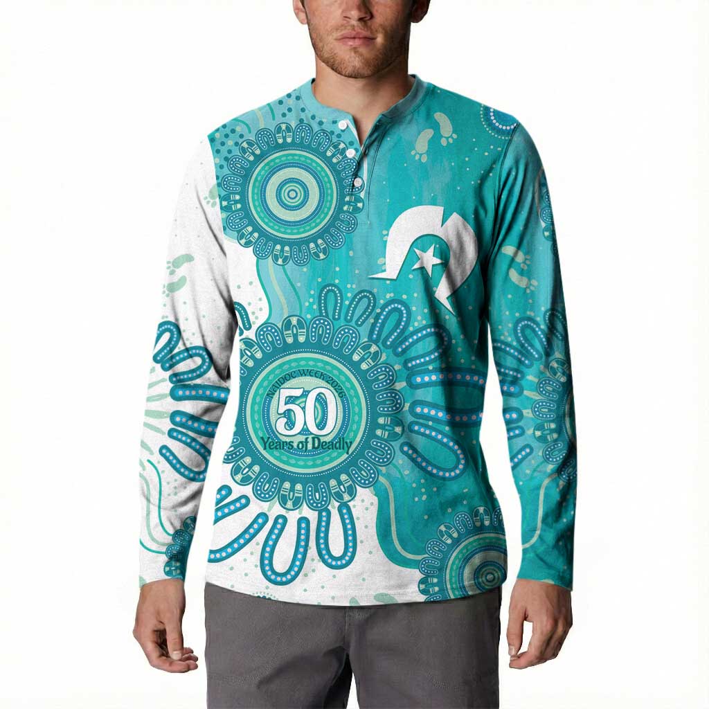 NAIDOC Week 2026 Button Sweatshirt 50 Years Deadly Dhari Cyan Aboriginal Art