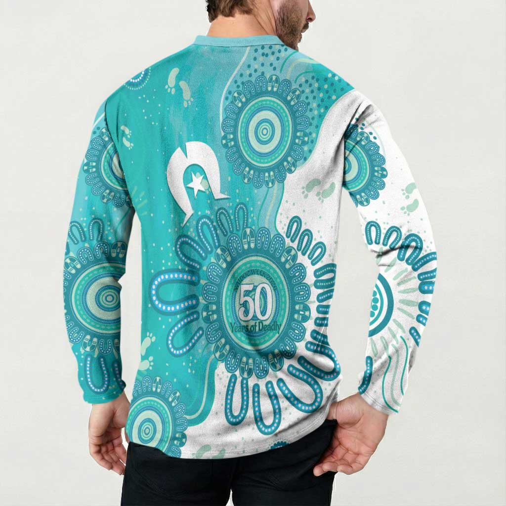 NAIDOC Week 2026 Button Sweatshirt 50 Years Deadly Dhari Cyan Aboriginal Art