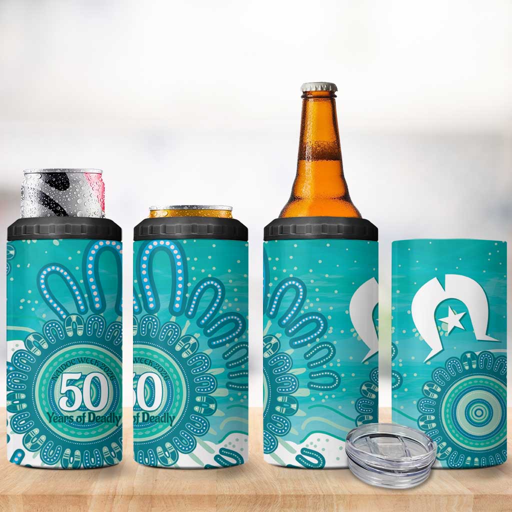NAIDOC Week 2026 4 in 1 Can Cooler Tumbler 50 Years Deadly Dhari Cyan Aboriginal Art