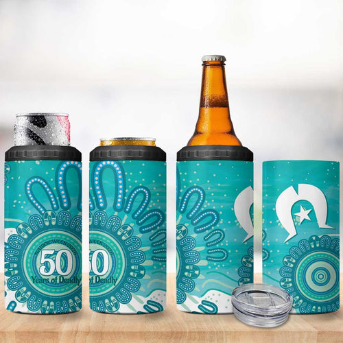 NAIDOC Week 2026 4 in 1 Can Cooler Tumbler 50 Years Deadly Dhari Cyan Aboriginal Art