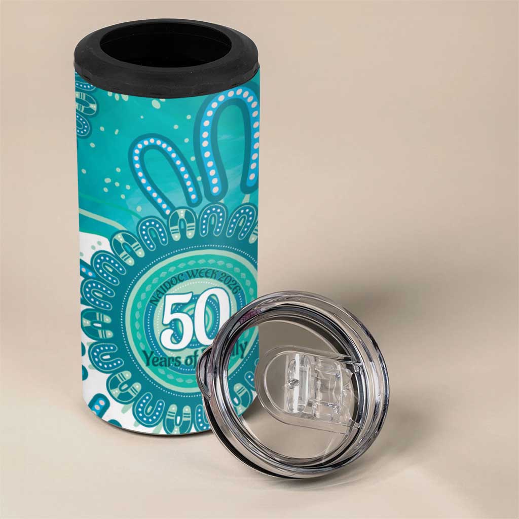 NAIDOC Week 2026 4 in 1 Can Cooler Tumbler 50 Years Deadly Dhari Cyan Aboriginal Art
