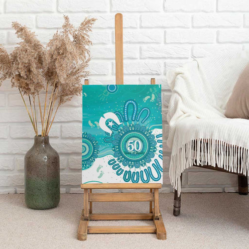 NAIDOC Week 2026 Canvas Wall Art 50 Years Deadly Dhari Cyan Aboriginal Art
