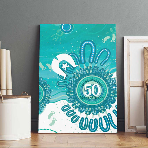 NAIDOC Week 2026 Canvas Wall Art 50 Years Deadly Dhari Cyan Aboriginal Art