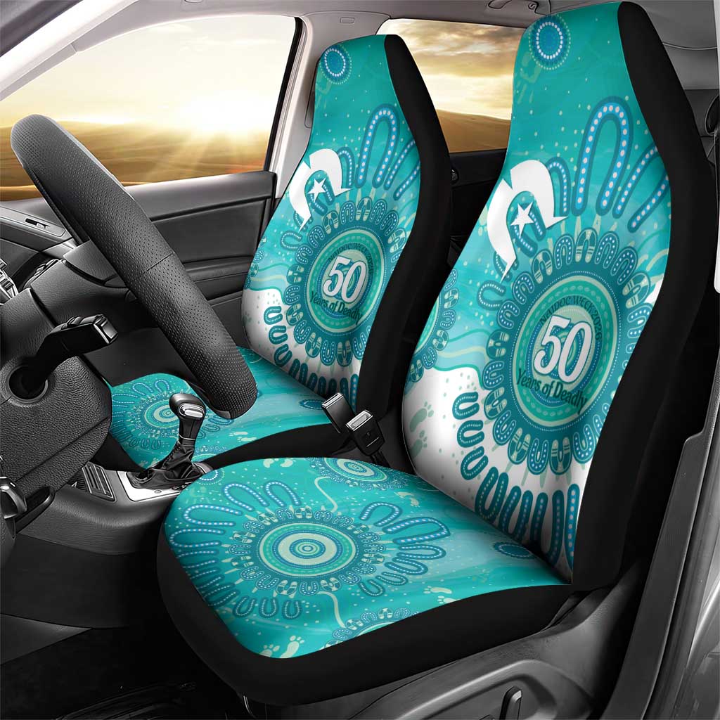 NAIDOC Week 2026 Car Seat Cover 50 Years Deadly Dhari Cyan Aboriginal Art