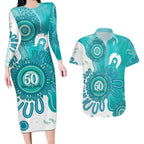 NAIDOC Week 2026 Couples Matching Long Sleeve Bodycon Dress and Hawaiian Shirt 50 Years Deadly Dhari Cyan Aboriginal Art