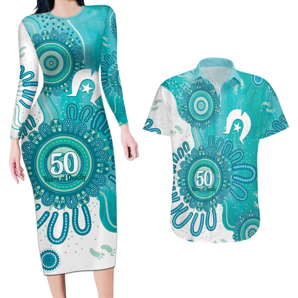 NAIDOC Week 2026 Couples Matching Long Sleeve Bodycon Dress and Hawaiian Shirt 50 Years Deadly Dhari Cyan Aboriginal Art