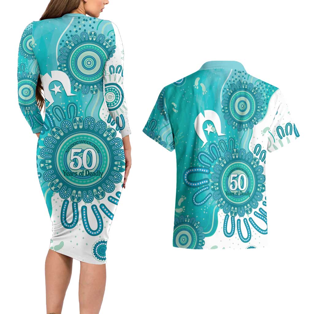 NAIDOC Week 2026 Couples Matching Long Sleeve Bodycon Dress and Hawaiian Shirt 50 Years Deadly Dhari Cyan Aboriginal Art