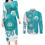 NAIDOC Week 2026 Couples Matching Long Sleeve Bodycon Dress and Long Sleeve Button Shirt 50 Years Deadly Dhari Cyan Aboriginal Art