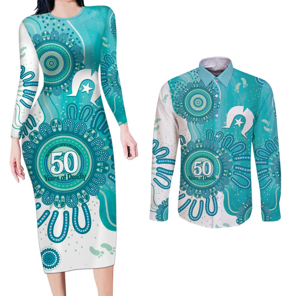 NAIDOC Week 2026 Couples Matching Long Sleeve Bodycon Dress and Long Sleeve Button Shirt 50 Years Deadly Dhari Cyan Aboriginal Art
