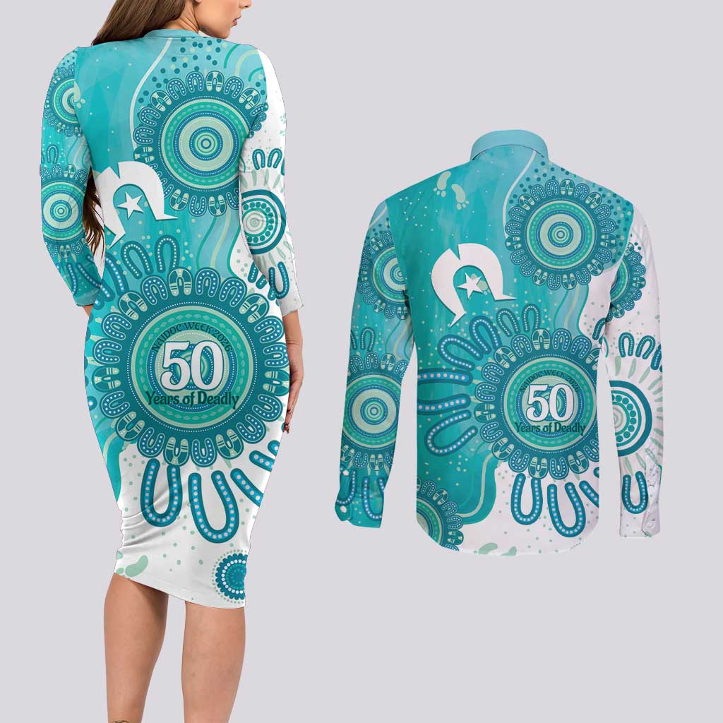 NAIDOC Week 2026 Couples Matching Long Sleeve Bodycon Dress and Long Sleeve Button Shirt 50 Years Deadly Dhari Cyan Aboriginal Art