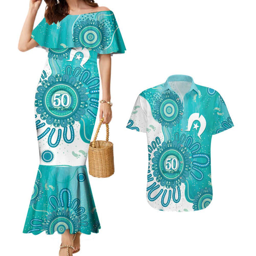 NAIDOC Week 2026 Couples Matching Mermaid Dress and Hawaiian Shirt 50 Years Deadly Dhari Cyan Aboriginal Art
