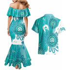 NAIDOC Week 2026 Couples Matching Mermaid Dress and Hawaiian Shirt 50 Years Deadly Dhari Cyan Aboriginal Art