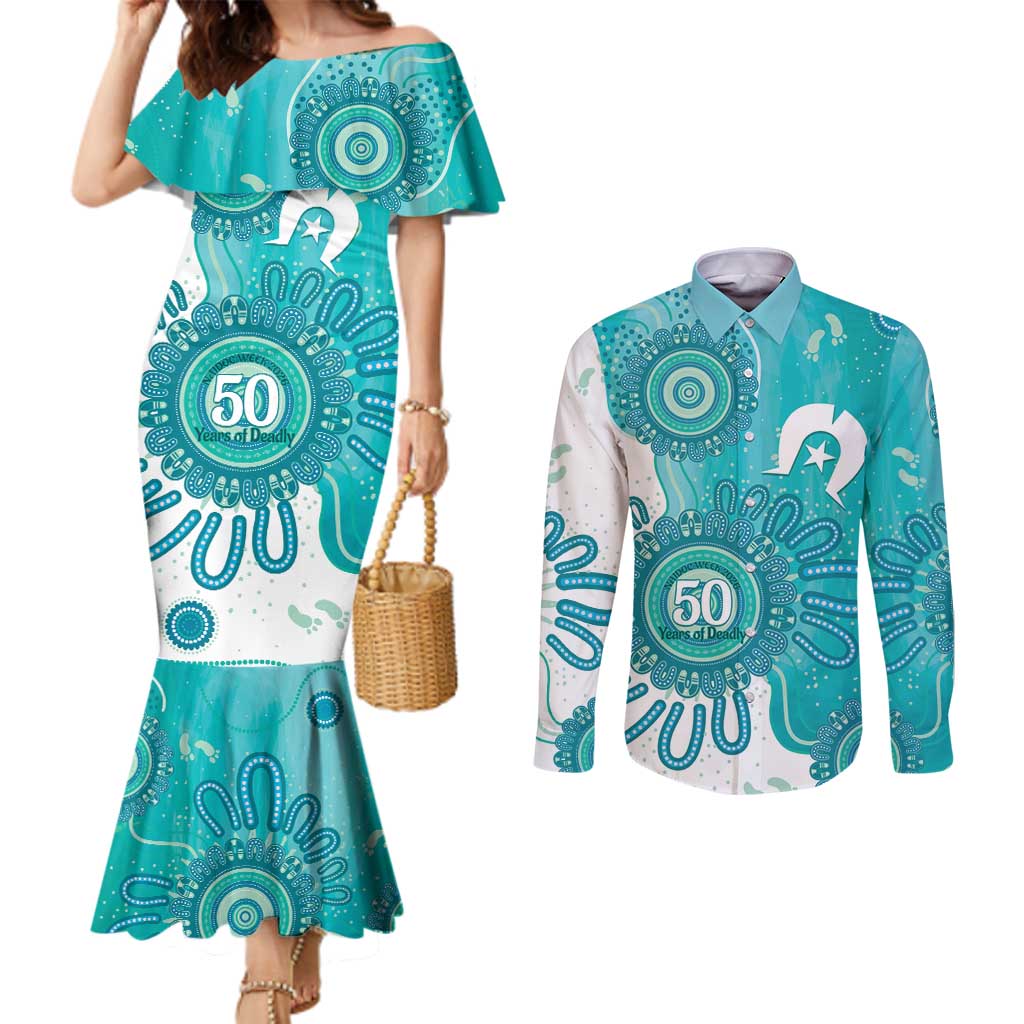 NAIDOC Week 2026 Couples Matching Mermaid Dress and Long Sleeve Button Shirt 50 Years Deadly Dhari Cyan Aboriginal Art