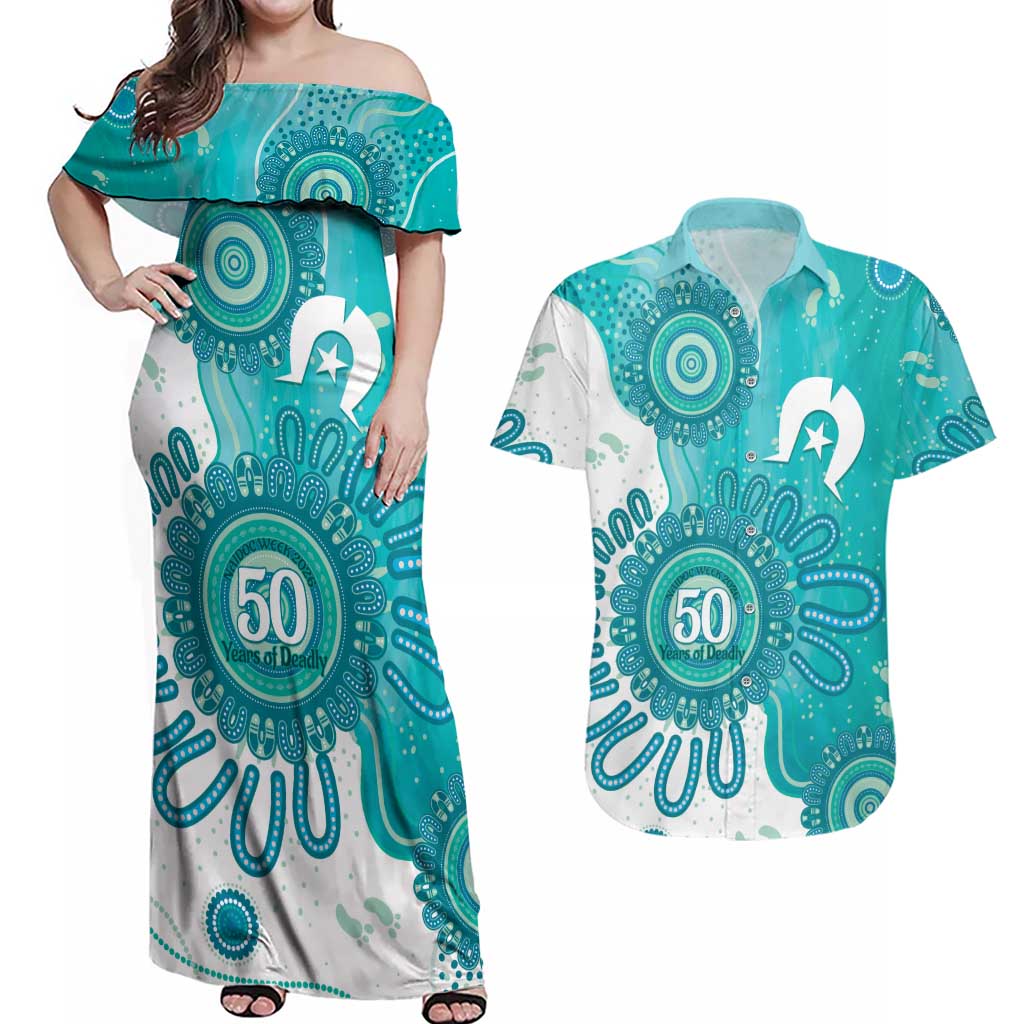 NAIDOC Week 2026 Couples Matching Off Shoulder Maxi Dress and Hawaiian Shirt 50 Years Deadly Dhari Cyan Aboriginal Art