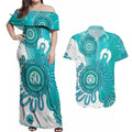 NAIDOC Week 2026 Couples Matching Off Shoulder Maxi Dress and Hawaiian Shirt 50 Years Deadly Dhari Cyan Aboriginal Art