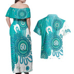 NAIDOC Week 2026 Couples Matching Off Shoulder Maxi Dress and Hawaiian Shirt 50 Years Deadly Dhari Cyan Aboriginal Art