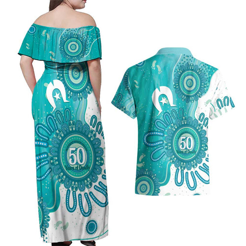NAIDOC Week 2026 Couples Matching Off Shoulder Maxi Dress and Hawaiian Shirt 50 Years Deadly Dhari Cyan Aboriginal Art