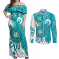 NAIDOC Week 2026 Couples Matching Off Shoulder Maxi Dress and Long Sleeve Button Shirt 50 Years Deadly Dhari Cyan Aboriginal Art