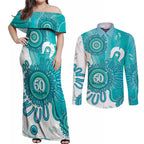 NAIDOC Week 2026 Couples Matching Off Shoulder Maxi Dress and Long Sleeve Button Shirt 50 Years Deadly Dhari Cyan Aboriginal Art