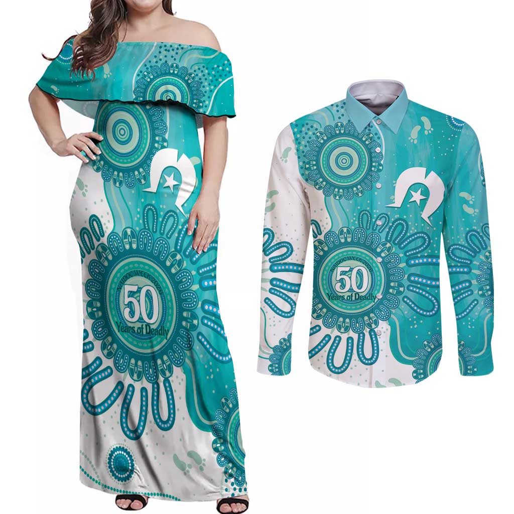 NAIDOC Week 2026 Couples Matching Off Shoulder Maxi Dress and Long Sleeve Button Shirt 50 Years Deadly Dhari Cyan Aboriginal Art
