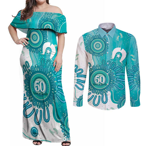 NAIDOC Week 2026 Couples Matching Off Shoulder Maxi Dress and Long Sleeve Button Shirt 50 Years Deadly Dhari Cyan Aboriginal Art