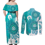 NAIDOC Week 2026 Couples Matching Off Shoulder Maxi Dress and Long Sleeve Button Shirt 50 Years Deadly Dhari Cyan Aboriginal Art
