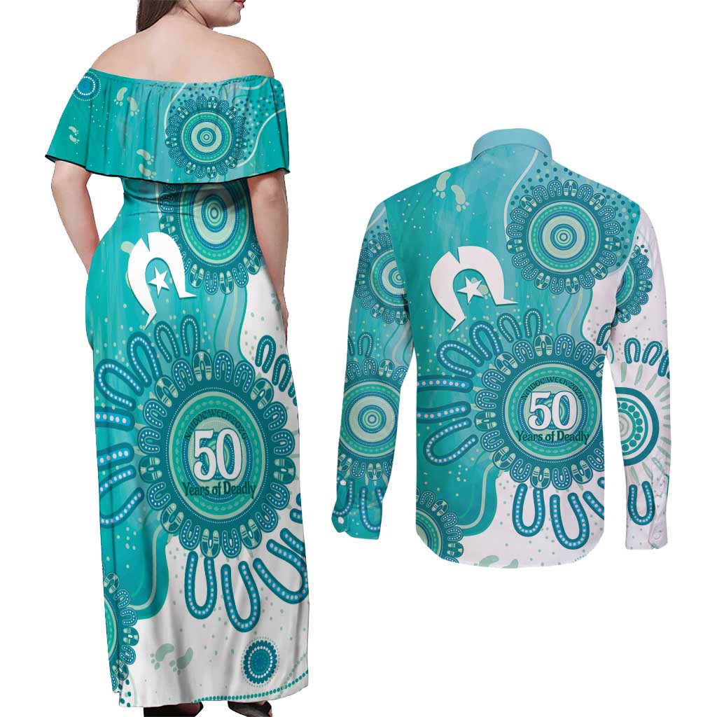 NAIDOC Week 2026 Couples Matching Off Shoulder Maxi Dress and Long Sleeve Button Shirt 50 Years Deadly Dhari Cyan Aboriginal Art