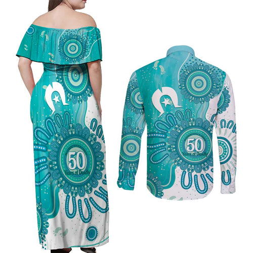 NAIDOC Week 2026 Couples Matching Off Shoulder Maxi Dress and Long Sleeve Button Shirt 50 Years Deadly Dhari Cyan Aboriginal Art