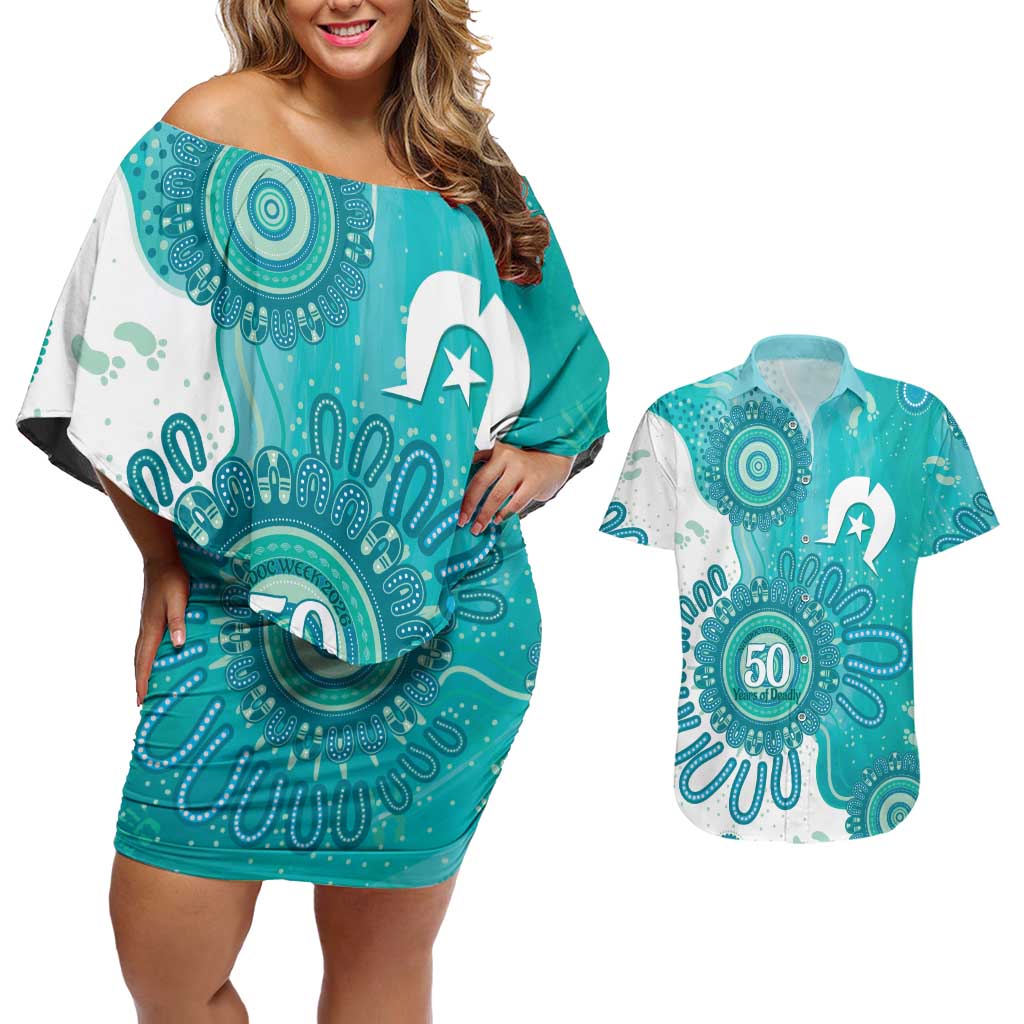 NAIDOC Week 2026 Couples Matching Off Shoulder Short Dress and Hawaiian Shirt 50 Years Deadly Dhari Cyan Aboriginal Art