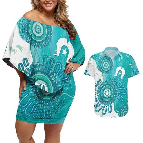 NAIDOC Week 2026 Couples Matching Off Shoulder Short Dress and Hawaiian Shirt 50 Years Deadly Dhari Cyan Aboriginal Art