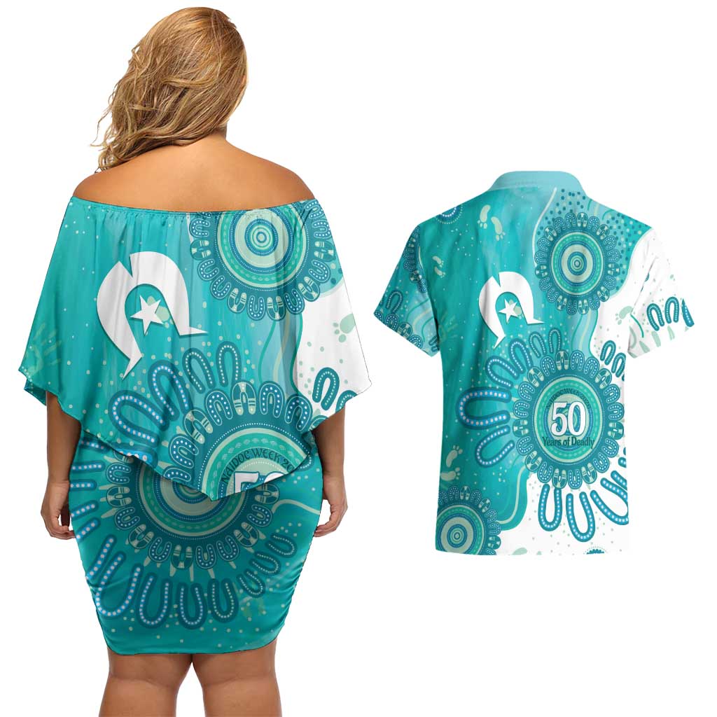 NAIDOC Week 2026 Couples Matching Off Shoulder Short Dress and Hawaiian Shirt 50 Years Deadly Dhari Cyan Aboriginal Art