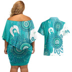 NAIDOC Week 2026 Couples Matching Off Shoulder Short Dress and Hawaiian Shirt 50 Years Deadly Dhari Cyan Aboriginal Art