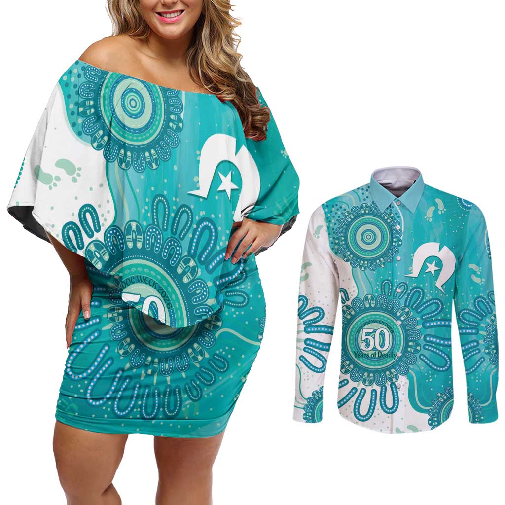 NAIDOC Week 2026 Couples Matching Off Shoulder Short Dress and Long Sleeve Button Shirt 50 Years Deadly Dhari Cyan Aboriginal Art
