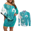 NAIDOC Week 2026 Couples Matching Off Shoulder Short Dress and Long Sleeve Button Shirt 50 Years Deadly Dhari Cyan Aboriginal Art