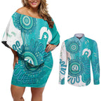 NAIDOC Week 2026 Couples Matching Off Shoulder Short Dress and Long Sleeve Button Shirt 50 Years Deadly Dhari Cyan Aboriginal Art