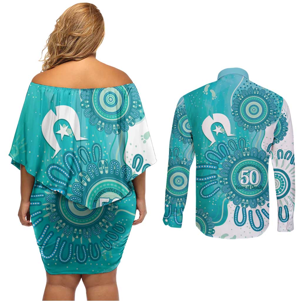 NAIDOC Week 2026 Couples Matching Off Shoulder Short Dress and Long Sleeve Button Shirt 50 Years Deadly Dhari Cyan Aboriginal Art