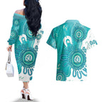 NAIDOC Week 2026 Couples Matching Off The Shoulder Long Sleeve Dress and Hawaiian Shirt 50 Years Deadly Dhari Cyan Aboriginal Art