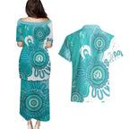 NAIDOC Week 2026 Couples Matching Puletasi and Hawaiian Shirt 50 Years Deadly Dhari Cyan Aboriginal Art