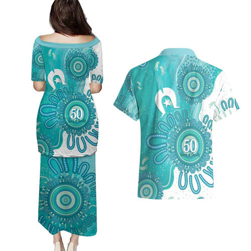 NAIDOC Week 2026 Couples Matching Puletasi and Hawaiian Shirt 50 Years Deadly Dhari Cyan Aboriginal Art