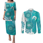 NAIDOC Week 2026 Couples Matching Puletasi and Long Sleeve Button Shirt 50 Years Deadly Dhari Cyan Aboriginal Art
