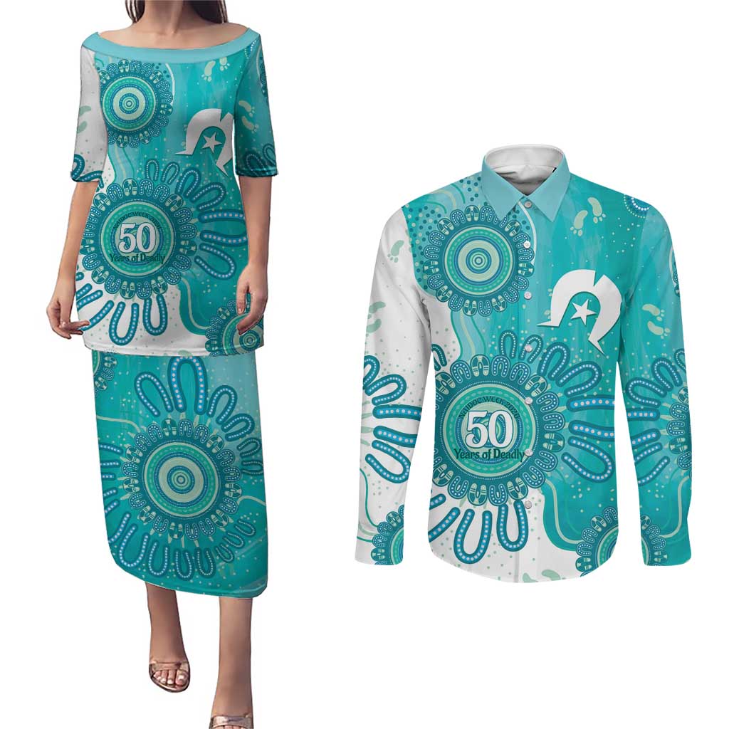 NAIDOC Week 2026 Couples Matching Puletasi and Long Sleeve Button Shirt 50 Years Deadly Dhari Cyan Aboriginal Art