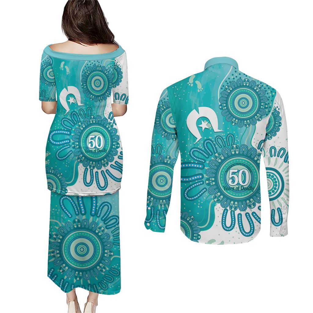 NAIDOC Week 2026 Couples Matching Puletasi and Long Sleeve Button Shirt 50 Years Deadly Dhari Cyan Aboriginal Art