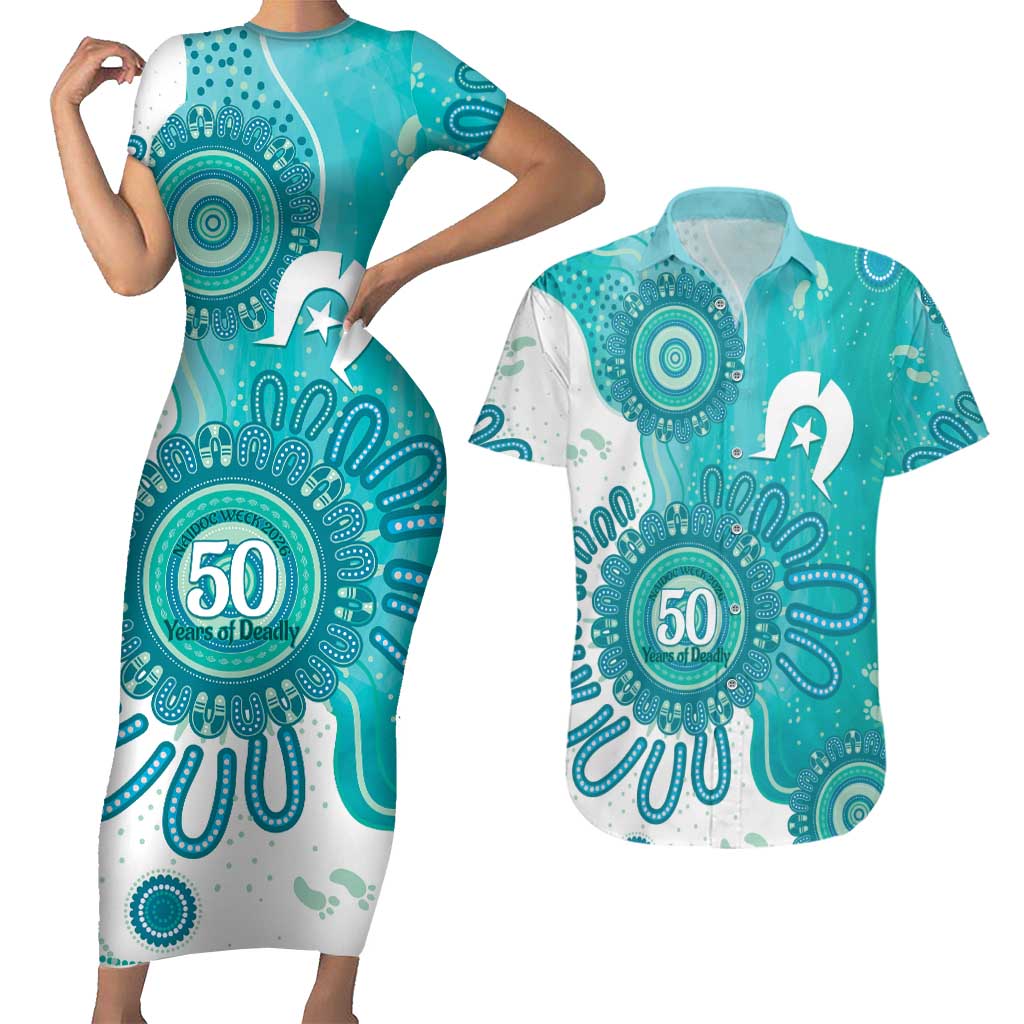 NAIDOC Week 2026 Couples Matching Short Sleeve Bodycon Dress and Hawaiian Shirt 50 Years Deadly Dhari Cyan Aboriginal Art