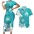 NAIDOC Week 2026 Couples Matching Short Sleeve Bodycon Dress and Hawaiian Shirt 50 Years Deadly Dhari Cyan Aboriginal Art