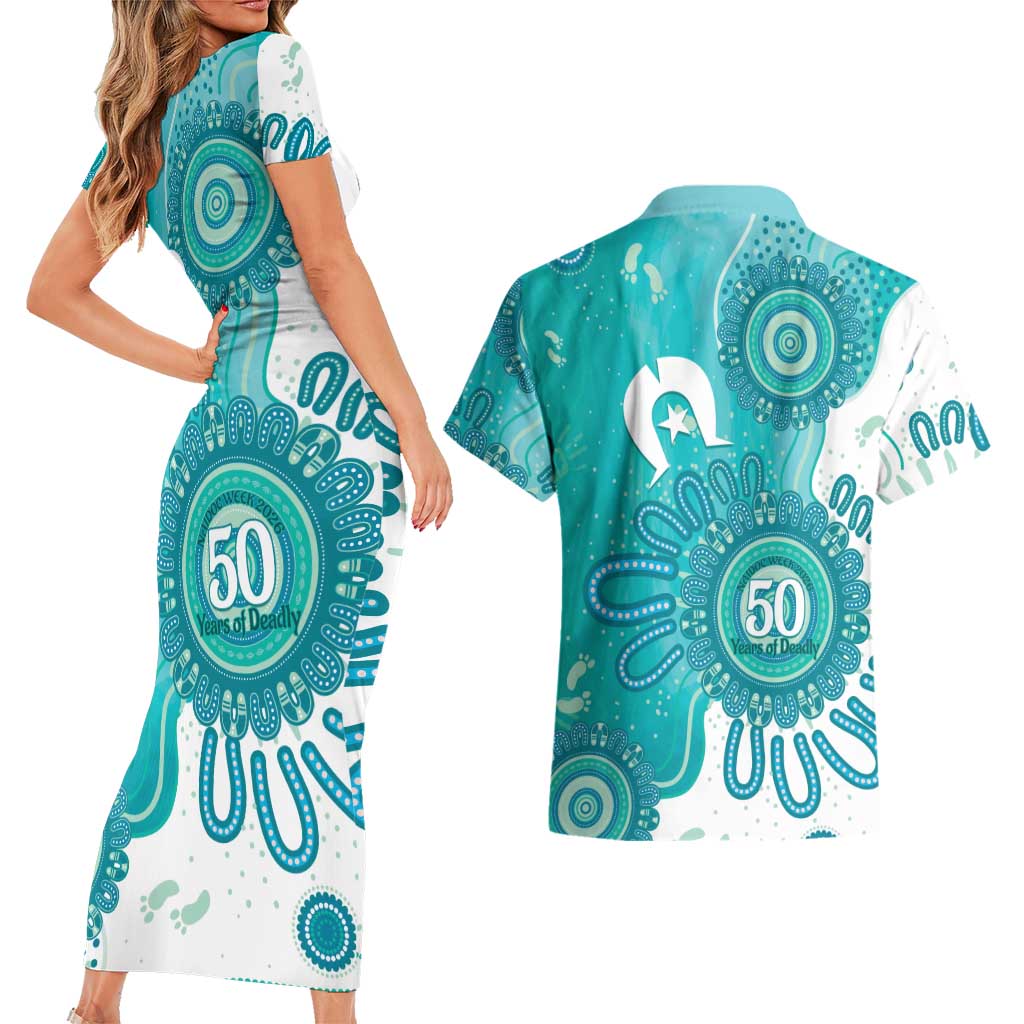 NAIDOC Week 2026 Couples Matching Short Sleeve Bodycon Dress and Hawaiian Shirt 50 Years Deadly Dhari Cyan Aboriginal Art