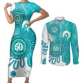 NAIDOC Week 2026 Couples Matching Short Sleeve Bodycon Dress and Long Sleeve Button Shirt 50 Years Deadly Dhari Cyan Aboriginal Art