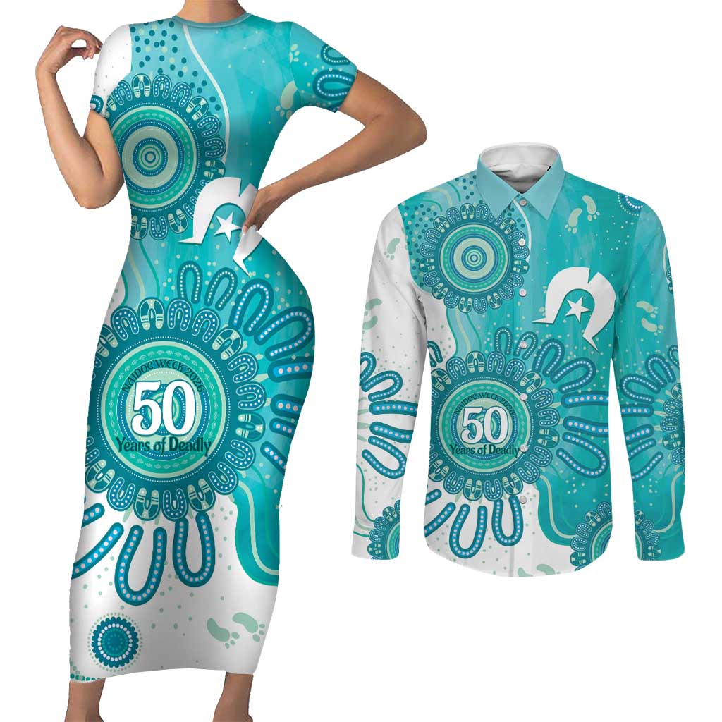 NAIDOC Week 2026 Couples Matching Short Sleeve Bodycon Dress and Long Sleeve Button Shirt 50 Years Deadly Dhari Cyan Aboriginal Art
