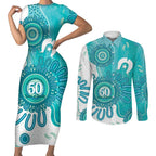 NAIDOC Week 2026 Couples Matching Short Sleeve Bodycon Dress and Long Sleeve Button Shirt 50 Years Deadly Dhari Cyan Aboriginal Art