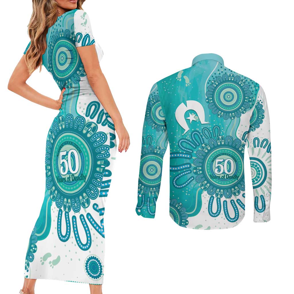 NAIDOC Week 2026 Couples Matching Short Sleeve Bodycon Dress and Long Sleeve Button Shirt 50 Years Deadly Dhari Cyan Aboriginal Art